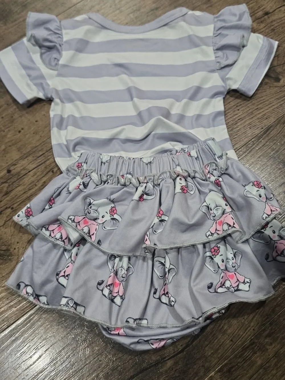 Baby Girls Pink & Gray Elephant Bow Matching Set Sz 6/9 Months